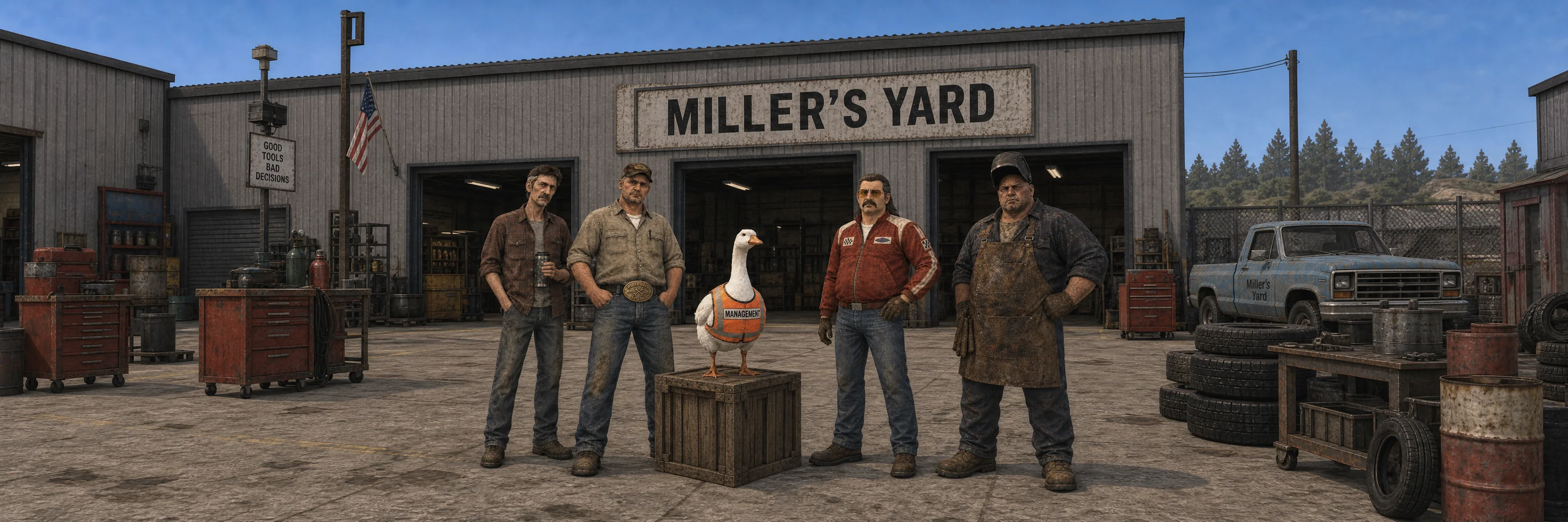 The Miller’s Yard crew outside the workshop, with Gary in his orange management vest.